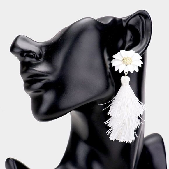 Flower Triple Layered White Tassel Dangle Earrings - Picture 1 of 5